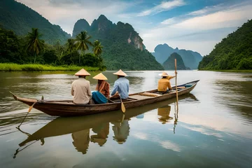 Foto op Canvas People boating in river between mountains generated by AI tool © Muhammad