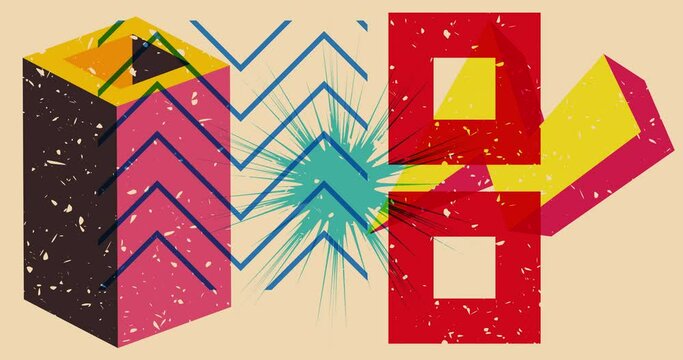 Colorful geometric shapes animation. Moving object in trendy riso graph design. Geometry elements, risograph print texture style video.