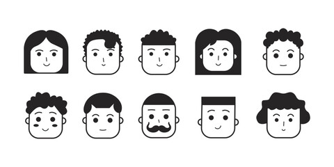 Vector illustration of woman and man characters, facial portraits set. Flat simple doodle style heads with different faces, hair, skin, nationality, races, hairstyle isolated on white background