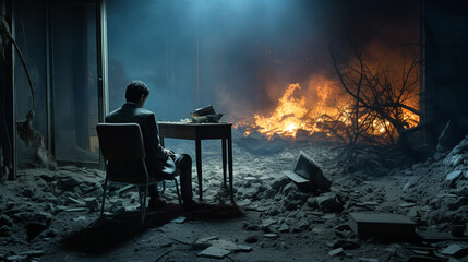 Scene of situation out of hand. Man sitting front of fire. Modified generative AI image.