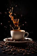 splash and splatter from a piece of sugar in a mug with coffee on a black background