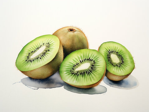 A Minimal Watercolor of Kiwis on a White Background