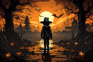 scary spooky halloween season, monster skull and crossbones halloween witch with pumpkin, halloween and October background