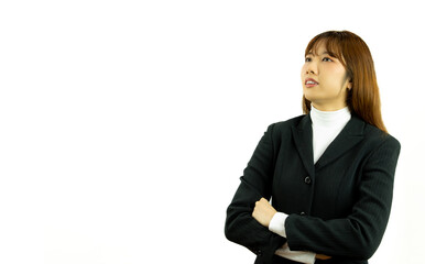 Obraz premium Image of young asian woman, company worker looking at something, standing over white background. business people technology concept.