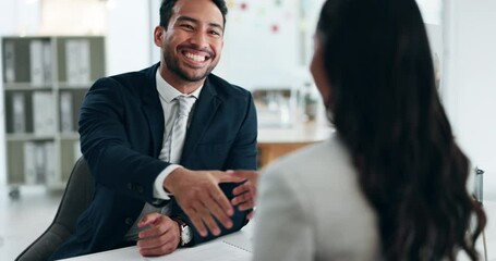 Smile, meeting and business people with a handshake in an interview for recruitment, deal or welcome. Happy, thank you and a human resources employee shaking hands with a worker for onboarding - Powered by Adobe