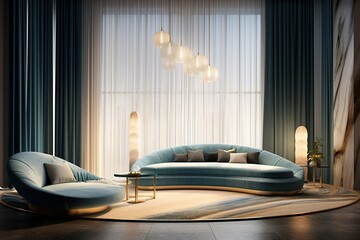 Luxurious and modern living room interiors with blue-gold marble wall sofas adorned with relaxing lamps with overall rounded lines.