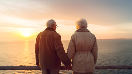 Elderly couple holding hands and watching beautiful sunset. Senior couple holding hands and enjoying beautiful sunset together happy enjoy in love romantic and relax time
