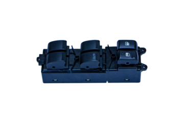 Front and back electric plastic window buttons-lower or close car windows isolated on cut out PNG. Adjustable folding mirrors left and right. Door handle with power window control. Modern car.