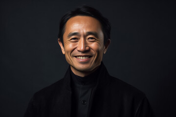 Fototapeta premium Dark Black tone of businessman standing Isolated on dark background. Portrait of young handsome Asian guy in formal black business suit. Generative AI.
