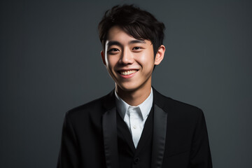 Dark Black tone of businessman standing Isolated on dark background. Portrait of young handsome Asian guy in formal black business suit. Generative AI.