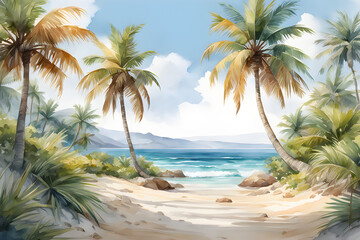 Draw a palm tree and various flowers on the right side of the wide summer sea, generative AI