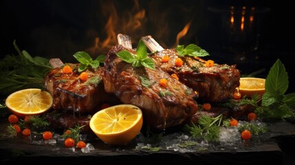 Grilled lamb chops with barbeque sauce on a plate with black and blurry background