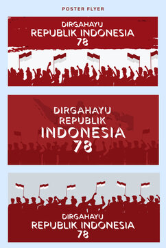 Translation : Happy Independence Day Of Indonesia Vector Illustration With Hands Raising Indonesian Flag Silhouette. Suitable For Template Poster Banner Design. HUT RI 78