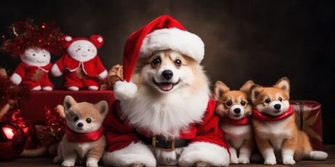 Fototapeta na wymiar illustration of a cute dog in Santa Claus costume, generative AI
