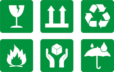 Packing and delivery caution designs. Business, handle with care, inflammable, waterproof, recycle and glass item symbols, printing packing.
