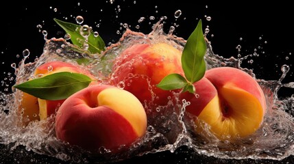Fototapeta na wymiar flying fresh peaches hit by water splash on black background and blur