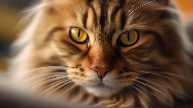 Close up a middle aged long haired cat portrait. Long-haired cat breeds. A beautiful old cat with yellow, intelligent eyes