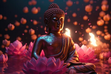 Lotus flowers and gold buddha statue, generative AI	
