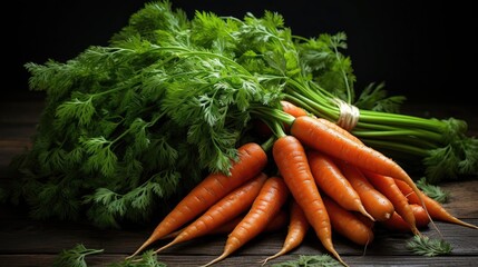 bunch of fresh carrots on a wooden table on a black background