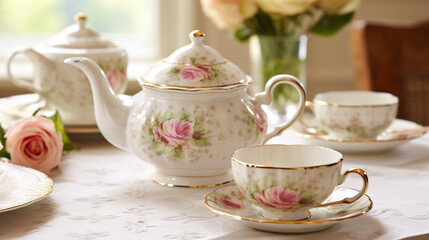 Bed set for afternoon tea with pastel pink, blue, yellow and green tea set. Tea party, Generative AI