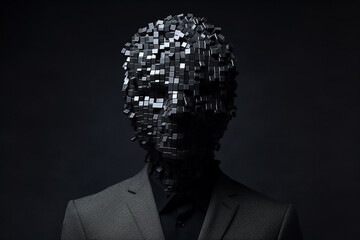 The image of man breaking into pieces look like cube mosaic symbolizes confusion, suspicion, pressure, depression of working people. Generative AI.