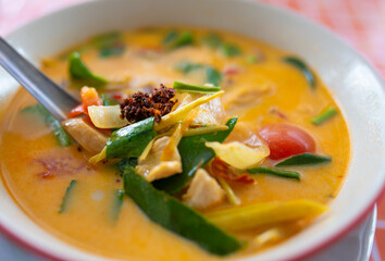Delicious Thai street food - green papaya salad,  fried frog and Thai spicy mixed salad, Tom yam food.