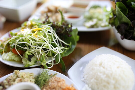 Thai Southern Spicy Rice Salad with Vegetables, Budu Thai southern styled fish sauce.