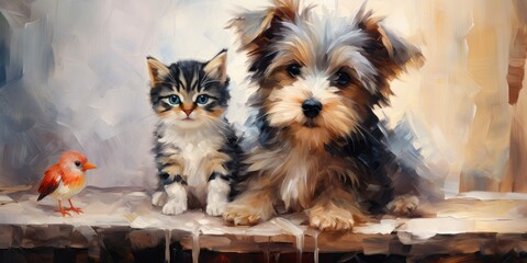 oil painting puppy and kitten, generative AI