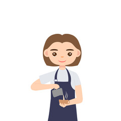 woman barista character pouring milk into coffee