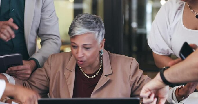 Stress, multitasking and woman with headache, business and team pressure with workflow crisis, chaos and fatigue in office. Employee, fail and corporate manager with anxiety, mistake and documents