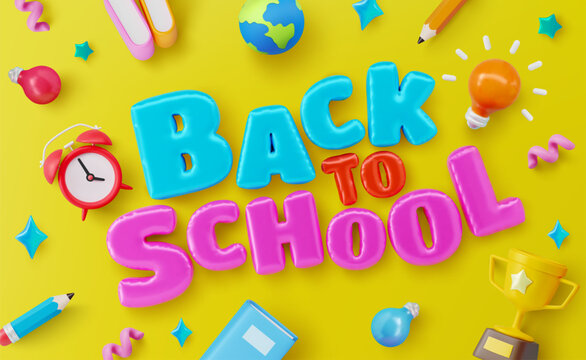 Back to School banner template with Bubble Balloon Text, pencil,books,alarm clock and School elements.Back to School campaign in flat lay styling,Promotion and shopping template for education concept