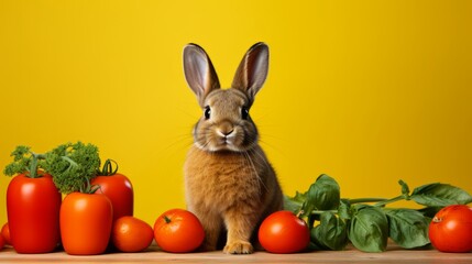Fototapeta na wymiar Photo of a cute rabbit surrounded by juicy tomatoes created with Generative AI technology