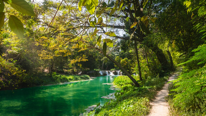 Panorama beautiful green nature view scenic landscape waterfall in tropical jungle rain forest, Attraction famous outdoor travel Saraburi Thailand, Spring background, Tourism destination place Asia