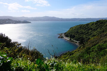 Fototapeta na wymiar Scenic ocean view from Miramar Peninsula overlooking Evans Bay and harbour in capital city Wellington, New Zealand Aotearoa