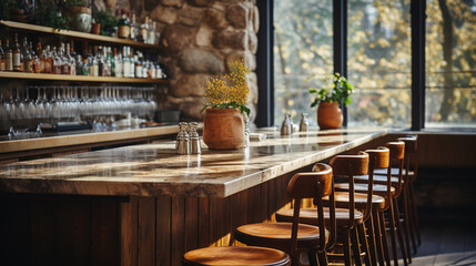 Restaurant interior background with modern bar decorated with natural materials wood marble and rock texture in warm lighting for restaurant, bar, coffee shop lifestyle concept