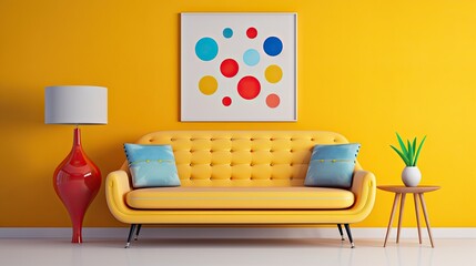 loveseat sofa and side tables against colorful circle patterned wall. The mid-century interior design of the modern living room. Generative AI 