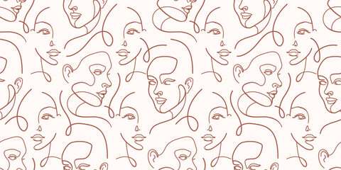 Modern seamless wallpaper with continuous Line drawing female faces. Beauty, elegant aesthetic background. Boho tile graphic for fabric design. Wrapping paper for self care goods.