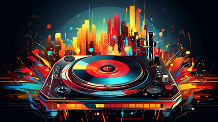 Vinyl DJ Ausrüstung Sound Multimedia Soundsystem Hifi Audio Soundbox Lautsprecher Membran abstrakt bunter Style im Querformat. Generative Ai. 