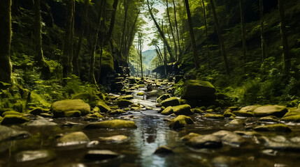 A road in the forest leading to the mountains 