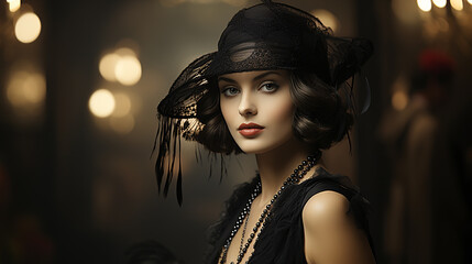 Sepia-toned sophistication, a woman wearing a 1920s cloche hat in its full glory, generative AI