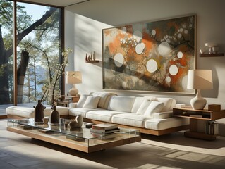 The interior of the modern luxurious living room combines French style style a cozy and relaxing atmosphere additionally with wooden tables lamps sofas. 