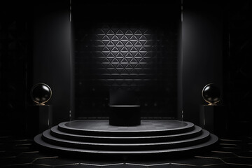 Black Display mock up 3D luxury stage with LED light and simple shape decoration around it. generative AI