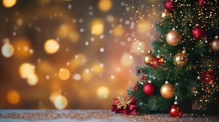 Fototapeta na wymiar decorated Christmas tree with blurred snow background.