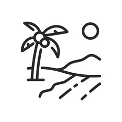 Tropical Beach Landscape Icon. Vector Outline Editable Sign of Palm Tree and Beach on Ocean Coastline. Linear Minimal Illustration for Exotic Vacation Vibes.