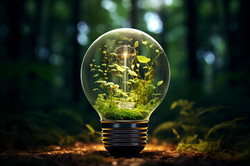 Glühbirne im Wald / Forst mit Pflanzen und Sträuchern. Natur und Bäume im Hintergrund. Grüne Energie. Querformat. Nachhaltige Energie. Generative Ai. - obrazy, fototapety, plakaty