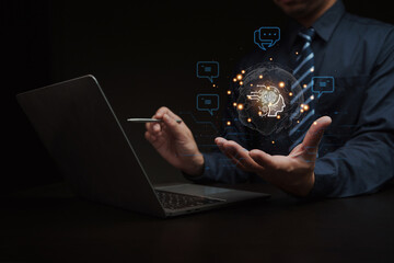 Hand holding the world in the age of AI. AI Artificial Intelligence concept. Icon, symbolic, machine learning, artificial intelligence of futuristic technology.