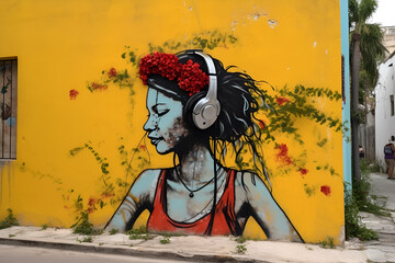 Colorful street mural of a woman with headphones