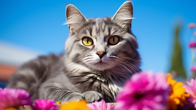 Photo of a gray cat relaxing in a colorful field of flowers created with Generative AI technology