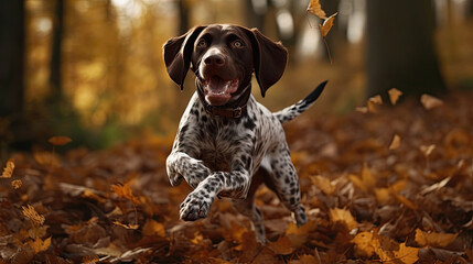 Dog German Shorthaired Pointer jump over the leaves autumn