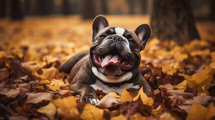 French Bulldog dog lying on the ground full of leaves autumn - Powered by Adobe
